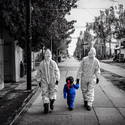 Image similar to a family wearing a hazmat suits on a post-war era street, walking away from the camera, dark smoke in the background, filthy streets, broken cars. Vines growing. Jpeg artifacts. Award-winning photo. Samyang/Rokinon Xeen 50mm T1.5