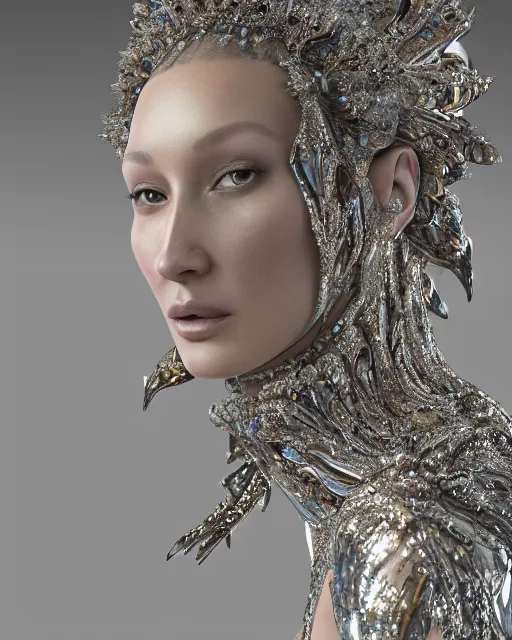 Image similar to a highly detailed metahuman 4 k close up render of an alien goddess bella hadid as alien in iris van herpen dress schiaparelli in diamonds crystals swarovski and jewelry iridescent in style of alphonse mucha gustav klimt trending on artstation made in unreal engine 4