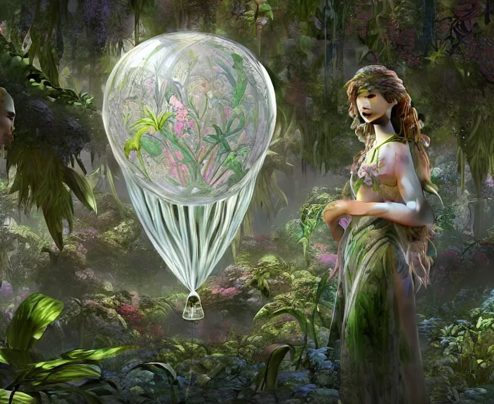 Image similar to transparent clear see - through image of twisting balloons, lush botany, floral environment, ultra realistic, concept art, art nouveau, photorealistic, octane render, 8 k, unreal engine. art by gustave dore and nori inoguchi and sam kaplan and zachary goulko and christopher marley and artgerm and alphonse mucha