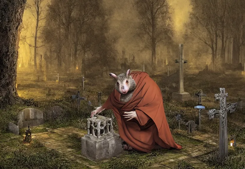 Prompt: big possum dressed like a monk at a scary medieval cemetery in the middle of the forest at night, highly detailed, photorealistic, isometric, digital art