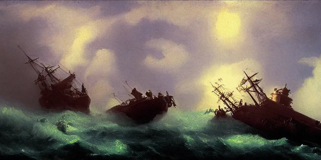 Image similar to kraken pulling a submarine underwater, ivan aivazovsky, stylized