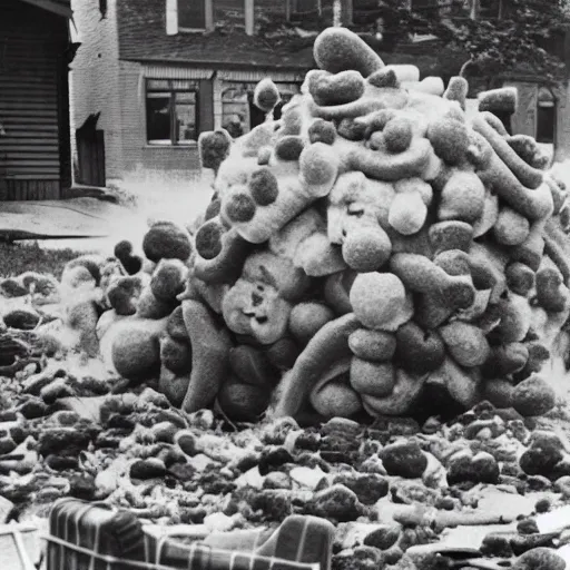 Prompt: giant gummy bear explosion in wisconsin, catastrophe, accident, 1 9 4 7