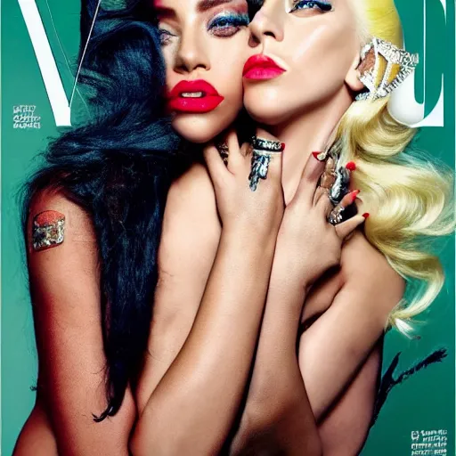 Image similar to lady gaga and rihanna photoshoot vogue magazin, highly realistic. high resolution. highly detailed. dramatic. 8 k. 4 k.