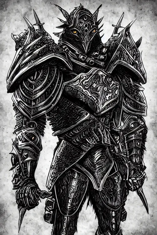 Image similar to armoured warrior humanoid monster, symmetrical, highly detailed, digital art, raven themed armour, sharp focus, trending on art station, kentaro miura manga art style