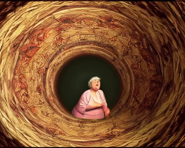 Image similar to םכ a very beautiful scene. processing block environment. a sweet fat old woman peeking from a huge, colorful and beautiful egg. hyper realistic. 4 k. wide angle. in the baroque style. wild. symmetrical face, red mouth, blue eyes. deep focus, lovely scene. processing block environment. concept art. unreal engine.