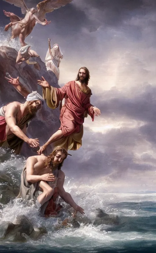 Image similar to An epic matte painting of Jesus saving Petrus in the Water, beautiful, stunning, gorgeous, 4k resolution, professional digital art, f16, intricate