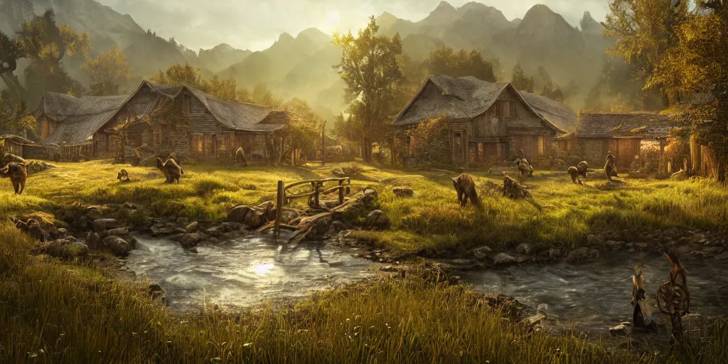 Image similar to the elder scrolls vi, rustic farmer settlement along a stream, fields and forested area, painted, intricate, volumetric lighting, beautiful, daytime, sunny weather, slight overcast, golden hour, sharp focus, deep colours, ultra detailed, by leesha hannigan, ross tran, thierry doizon, kai carpenter, ignacio fernandez rios