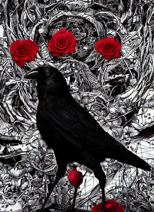 Image similar to portrait, A crow with red eyes in front of the full big moon, book cover, red roses, red white black colors, establishing shot, extremly high detail, foto realistic, cinematic lighting, pen and ink, intricate line drawings, by Yoshitaka Amano, Ruan Jia, Kentaro Miura, Artgerm, post processed, concept art, artstation, matte painting, style by eddie mendoza, raphael lacoste, alex ross