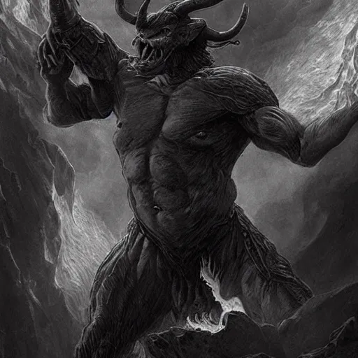 Image similar to full body, grayscale, muscled humanoid balrog demon, horns, claws, large horned tail, heroic pose, flames, fire, tarot, Gustave Dore, Greg Rutkowski,