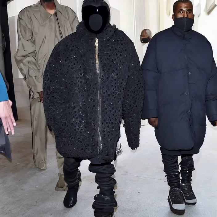 Prompt: kanye west using a face covering black mask with small little holes, a blue round puffer jacket and big black rubber boots,