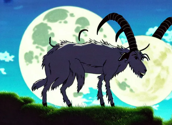 Image similar to a still from a studio ghibli movie of a cartoon half goat half man from princess mononoke ( 1 9 9 7 ), in front of a pale full moon, full body, wide shot, very dull muted colors, studio ghibli, highly detailed, deviantart, art by artgem