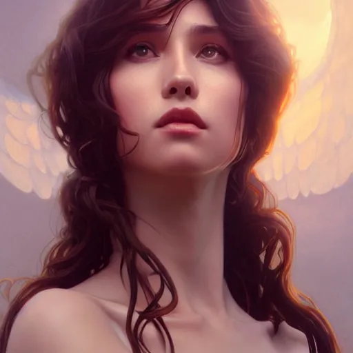 Prompt: wide angle full body portrait of an angel with a perfect face and perfect body, intricate, highly detailed, digital painting, artstation, concept art, smooth, sharp focus, illustration, Unreal Engine 5, 8K, art by artgerm and greg rutkowski and alphonse mucha