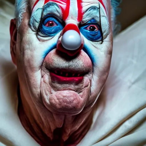 Prompt: insane elderly clown supine in hospital bed, strapped into bed with restraints, trying to get out but unsuccessful, photograph, 8 k