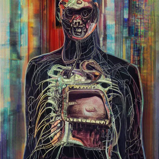 Prompt: a glitched art painting of mechanically wired dark carcass salesman, solid colors, flat color, francis bacon, h. r. giger, joao ruas, photo realistic, 4 k,