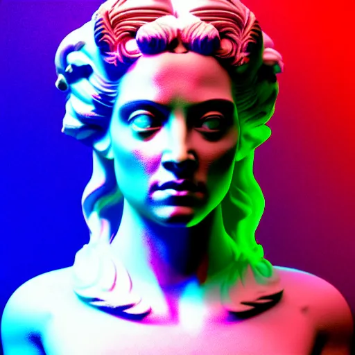 Prompt: sci - fi cgartist wide shot anaglyph ambient occlusion rendering of a hyper realistic marble greek statuary regal goddess head resembling ru paul glowing with embedded vaporwave leds product photo high key colored lighting, trending on artstation volumetric lighting