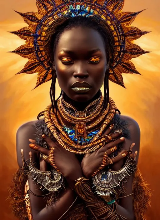 Image similar to : african shamen fantasy, fantasy magic, , intricate, sharp focus, illustration, highly detailed, digital painting, concept art, matte, Artgerm and Paul lewin and kehinde wiley, masterpiece