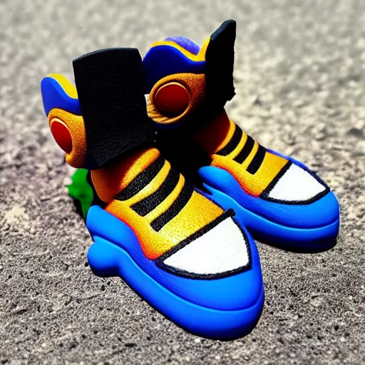 Image similar to realistic scultpure of plastic toy sneaker! design, sneaker design overwatch botw fantasy style mixed with aztec mayan native street fashion, focus on sneakers only, shoes designed by akira toriyama and studio ghibli