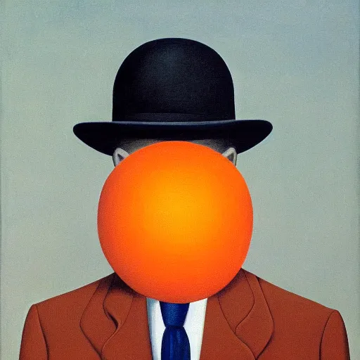 Prompt: portrait of a man in a suit with an orange in front of his face, full body shot, painting by rene magritte, high detail, high resolution