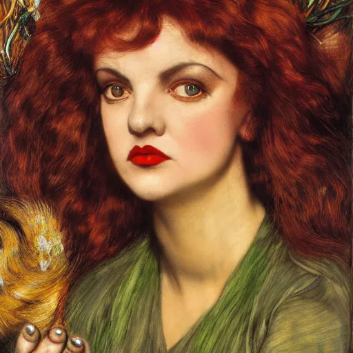 Prompt: portrait of a hybrid of a hybrid of judy garland and lady gaga and a hybrid of jo brand and judy garland, with a brown fringe, holman hunt, john william waterhouse, kilian eng, rosetti, john everett millais, william holman hunt, 4 k