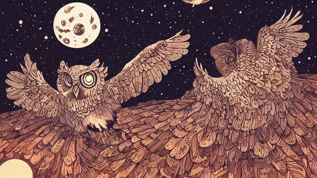 Image similar to very detailed, ilya kuvshinov, mcbess, rutkowski, watercolor illustration of owls flying at night, colorful, deep shadows, astrophotography, highly detailed, wide shot