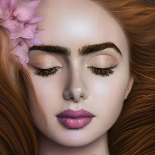 Image similar to portrait of a beautiful blonde queen girl lily collins, floating under the deep dream water, beautiful smooth soft light + white petal, oil paint, closeup, 4 k, highly detailed, instagram,