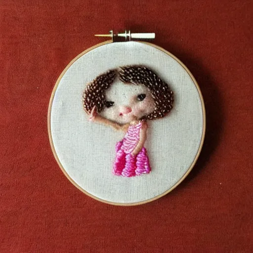 Image similar to a tiny beautiful handmade embroidery of a little girl with brown curly hair. hand embroidery.