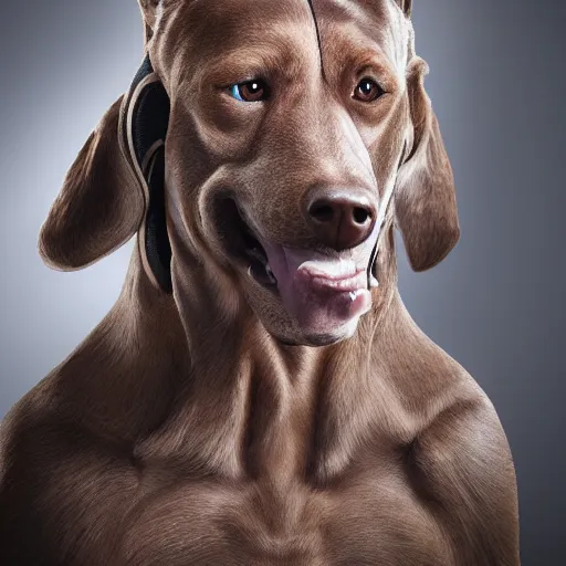 Image similar to realistic studio portrait, dog human hybrid creature, 5 0 % human face, human with dog snout, in the style of annie leibovitz, vfx special effects movie creature,