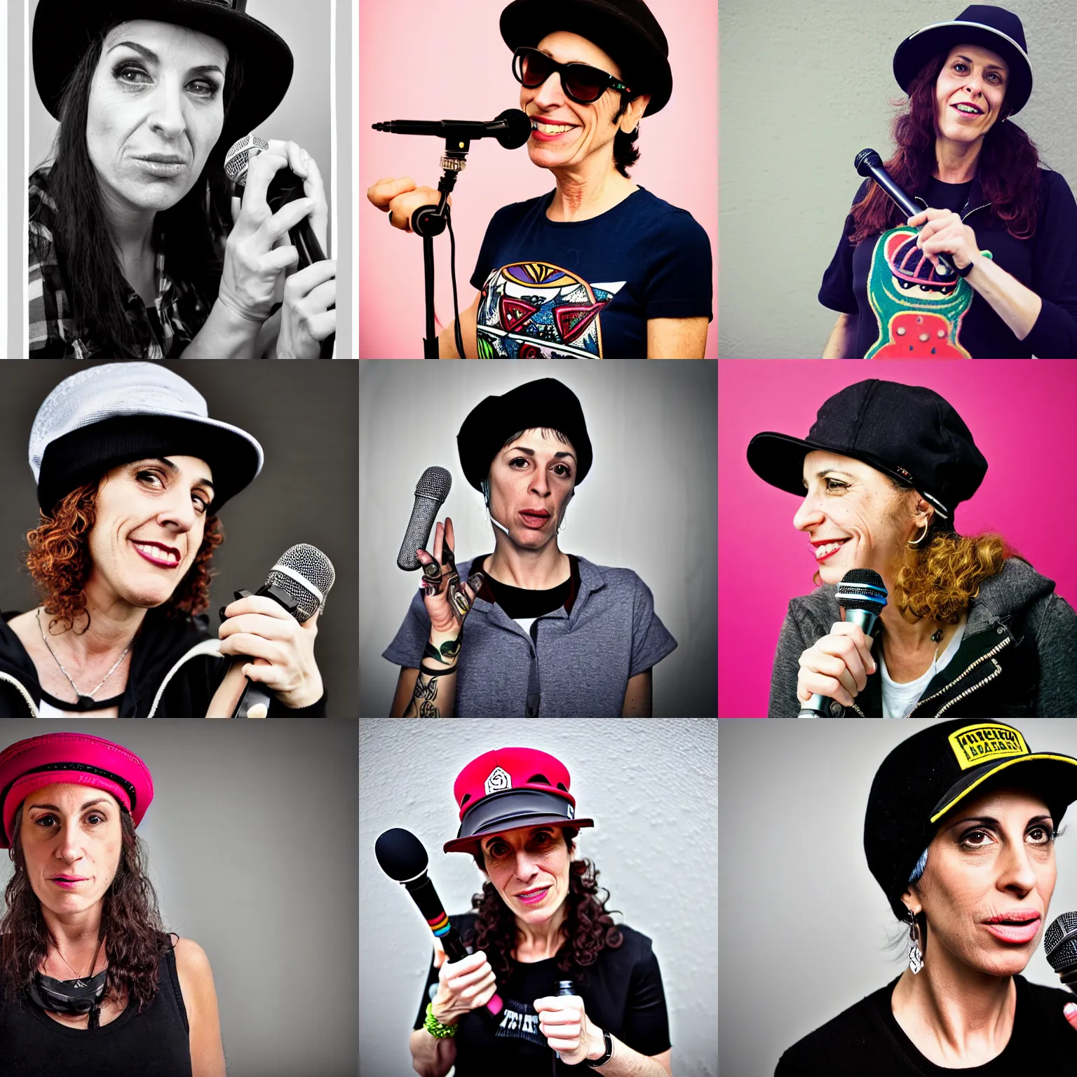 Prompt: an attractive 3 8 year old jewish and italian woman with skatepunk style and flatbrim hat holding a microphone in her right hand, no makeup, a photograph, by jane freilicher, tumblr contest winner, lowbrow, adafruit, lighthearted, contest winner