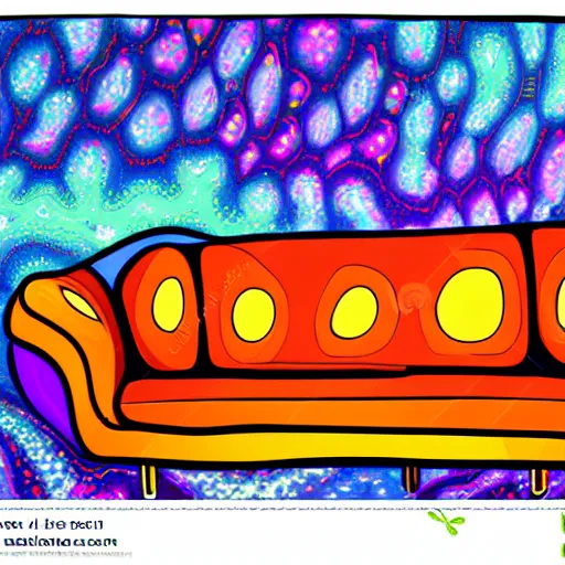 Image similar to psychedelic trippy couch in space, planets, milky way, sofa, cartoon