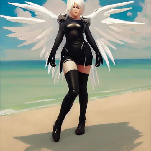 Image similar to greg manchess painting of a 2 yorha type a no. 2 as mercy from overwatch wearing skintight leather jacket in a beach, white long hair, large white wings, painting, trending on artstation, by huang guangjian and gil elvgren and sachin teng