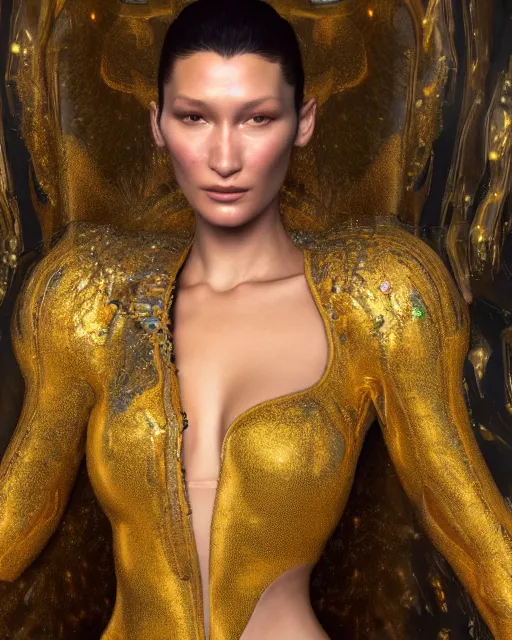 Image similar to a highly detailed metahuman 8 k close up render of bella hadid death and life painting by gustav klimt trending on artstation made in unreal engine 4