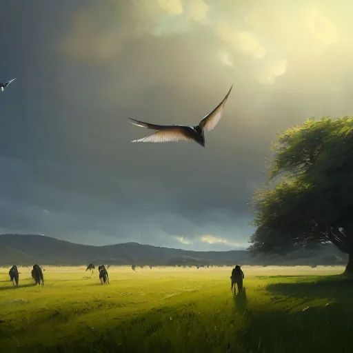 Image similar to flock of swallows in avila, green fields, oaks, spring season, 4 k, midday light, concept art, by wlop, ilya kuvshinov, artgerm, krenz cushart, greg rutkowski, pixiv. cinematic dramatic atmosphere, sharp focus, volumetric lighting, cinematic lighting, studio quality