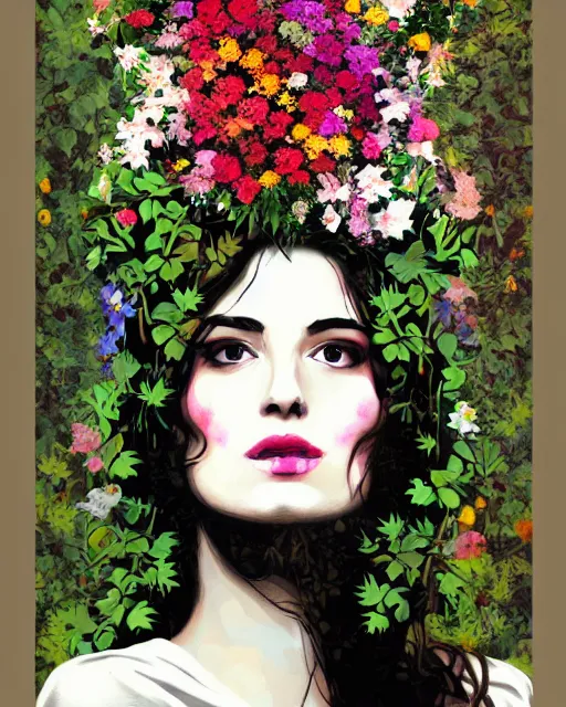 Prompt: woman portrait explosion of flowers and foliage, banksy, artgerm