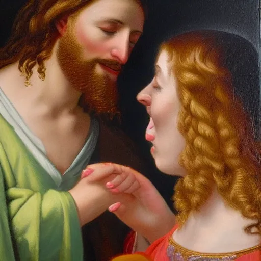 Image similar to 1 8 th oil panting of a jesus kissing a woman