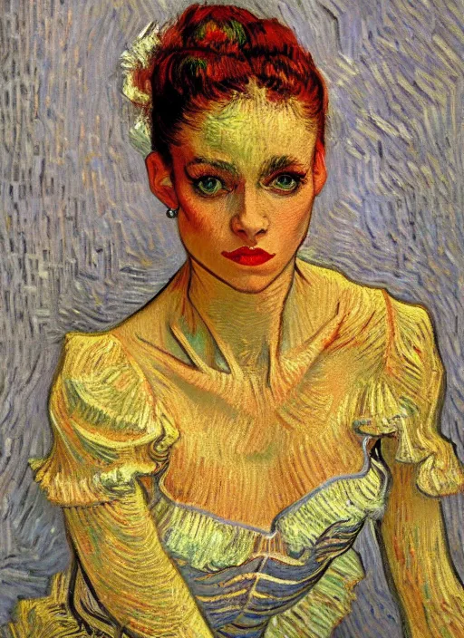 Image similar to !! detailed beautiful symmetrical portrait of a beautiful parisian dancer!!, detailed face, symmetrical painting, beautiful expressionist oil painting masterpiece, 8 k resolution, by van gogh, smooth, sharp focus, pastel color palette, trending on artstation