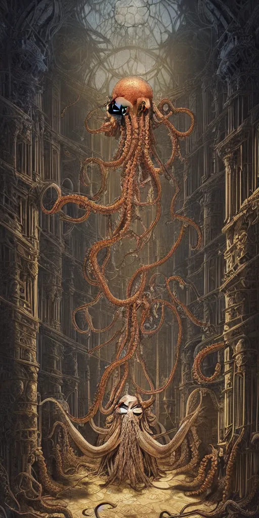 Image similar to group of people species mages with octopus heads and a lot of small translucent jellyfishes floating around inside an ancient mage castle hall colossal scale, gothic and baroque, brutalist architecture, ultradetailed, Intricate by Ellen Jewett and Josan Gonzalez and Giuseppe Arcimboldo