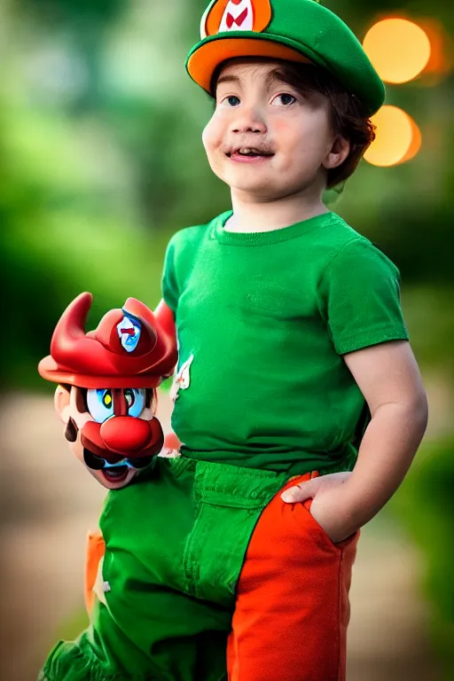 Image similar to real life Super Mario portrait photo, 30mm, bokeh, orange and green lighting, beautiful