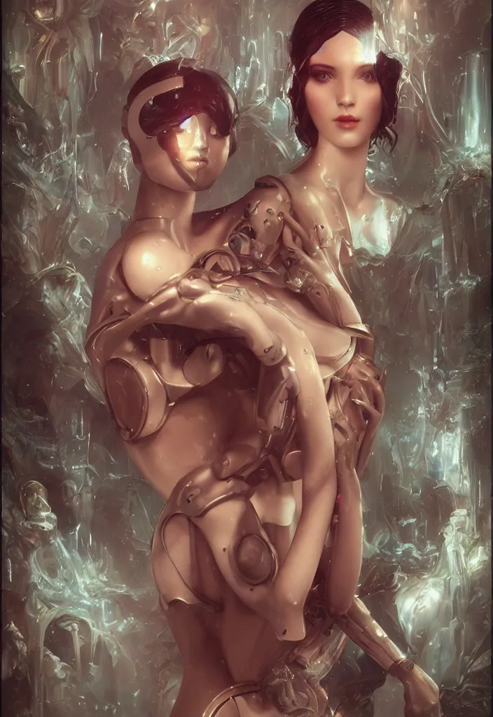 Image similar to portray of beautiful robot girl with porcelain wet glossy skin, look like a 3d model, alive statue, Ivan Bilibin, Ross Tran, Tom Bagshaw