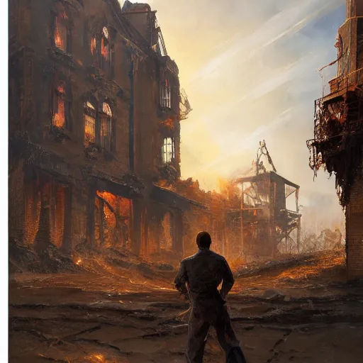 Prompt: Oil painting of a man overlooking town ruins, ashes, Landen Belgium watertower burning, D&D, Magic The Gathering, by Craig Mullins, intricate details, light rays from the surface, Nekro, Victo Ngai, centered, volumetric lighting