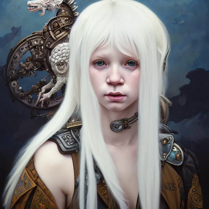 Prompt: excellent painted portrait of a albino girl with white hair and a fringe, steampunk art, with a nordic white dragon flying on the background, character artwork, 8k resolution artwork, trending on artstation, detailed oil painting portrait, art by artgerm and greg rutkowski and alphonse mucha and craig mullins and James Jean and Andrei Riabovitchev and Marc Simonetti and peter mohrbacher, matte painting