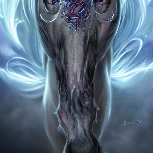 Image similar to a wlop 3 d render of very very very very highly detailed beautiful mystic portrait of a phantom undead horse with whirling galaxy around, tattoos by anton pieck, intricate, extremely detailed, digital painting, artstation, concept art, smooth, sharp focus, illustration, intimidating lighting, incredible art,