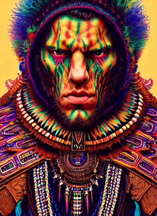 Image similar to portrait of jesse eisenberg, hyper detailed ultra sharp aztec shaman warrior. trending on artstation, warpaint aesthetic, bloodwave, colorful, psychedelic, ornate, intricate, digital painting, concept art, smooth, sharp focus, illustration, art by artgerm and greg rutkowski and h. r. giger, 8 k