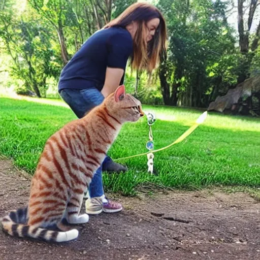 Image similar to a cat standing up on back legs, with a human on a leash as a pet