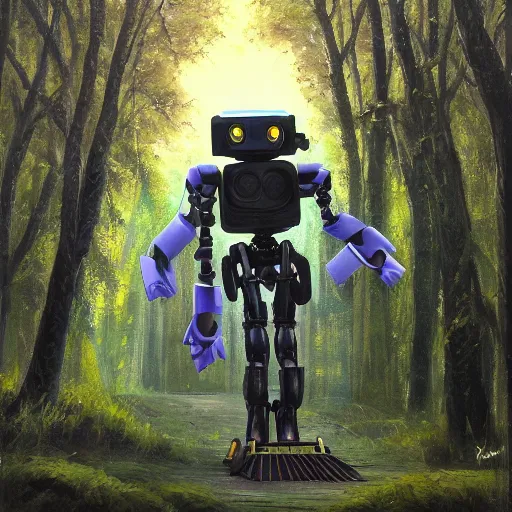 Image similar to a beautfiul painting of a robot running througj a forest,8k