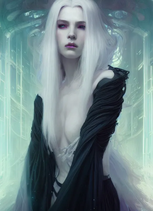Prompt: a beautiful white haired sorceress, intricate, elegant, highly detailed, digital painting, artstation, concept art, smooth, sharp focus, cyberpunk darksynth, illuminated lines, enchanted magic, vaporware, dark smoky background, ethereal, misty, 8 k, by ruan jia and ilya kuvshinov and jeremy mann and alphonse mucha
