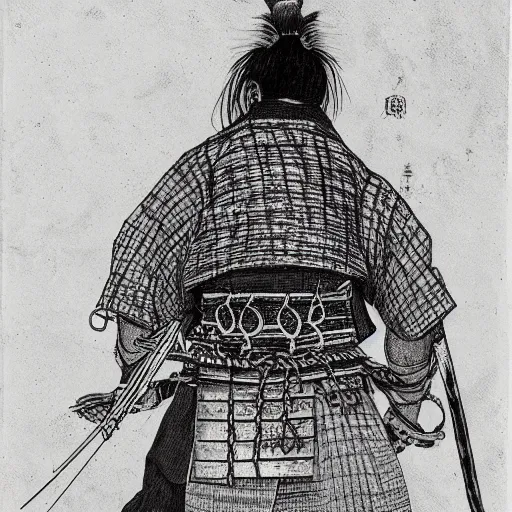 Prompt: a portrait from behind of a samurai man vagabond that holds chains, detailed, ink style, sketch