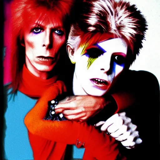 Prompt: david bowie from changes giving a piggy back ride to ziggy stardust. glam rock. colorful. by andy warhol