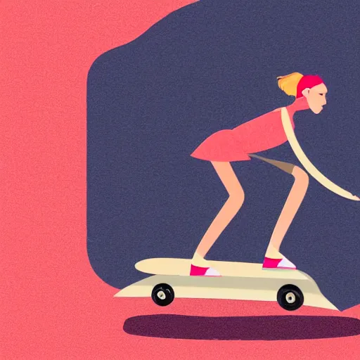 Image similar to modern stylized illustration of a girl riding a skateboard with one leg up and the other on the deck going fast, side view