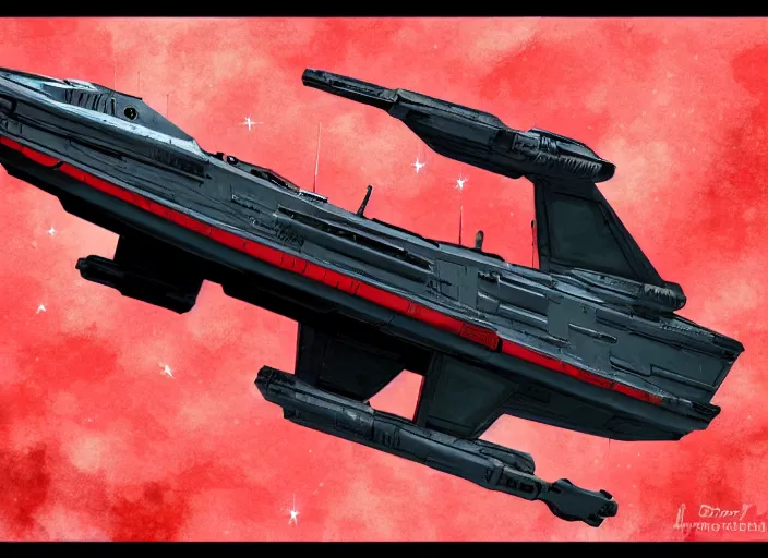 Prompt: digital painting of a republic hammerhead class cruiser with a red! banner! showing a black! warhammer!, star wars spaceship, higly detailed