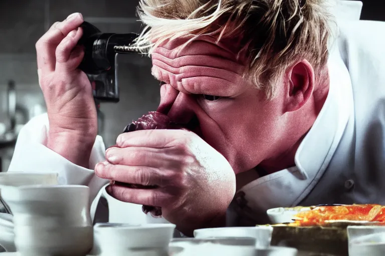 Image similar to closeup potrait of gordon ramsay vomiting on the set of masterchef, screen light, sharp, detailed face, spewing vomit, magazine, press, photo, Steve McCurry, David Lazar, Canon, Nikon, focus